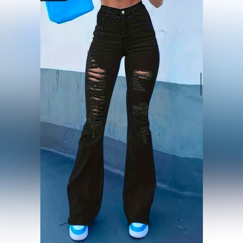 BLACK RIPPED FLARE JEANS - Picture 4 of 4